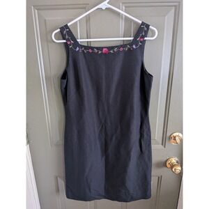 Vintage 90s Casual Corner Linen Blend Floral Embroidered Shift Dress Black 8P